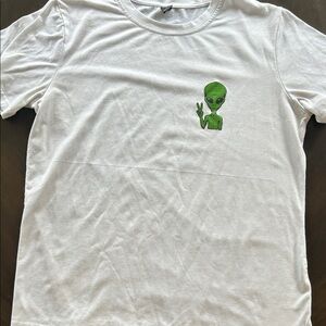 White Tee with Green Peace Sign Alien Graphic